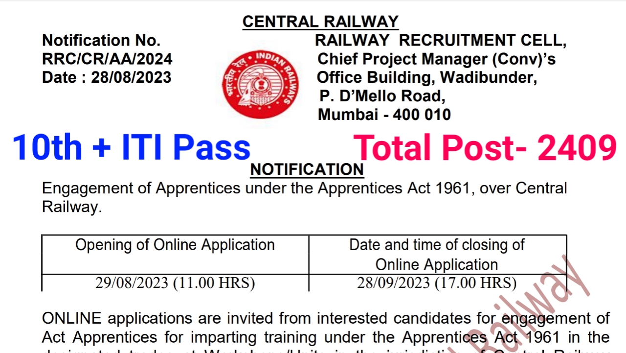 Central Railway Apprentice Vacancy 2023, ITI Pass Vacancy